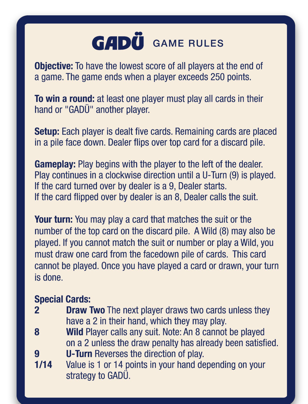 Front of Gadü game rules card